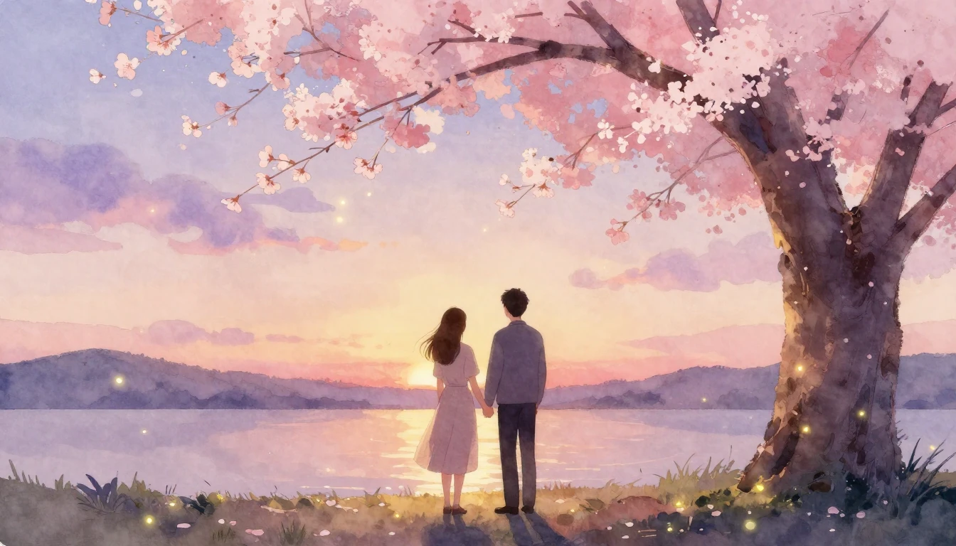 A romantic and ethereal watercolor illustration of a couple ...