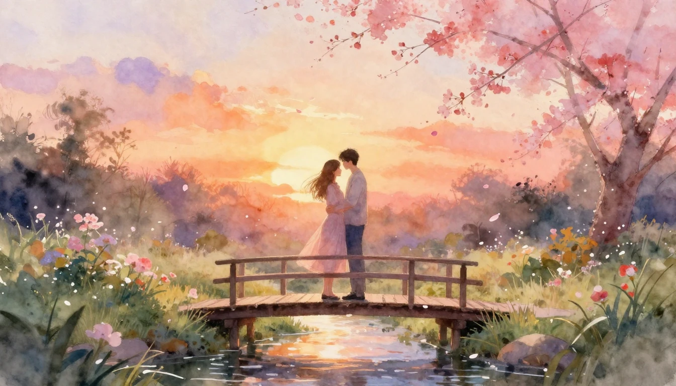 A romantic and atmospheric watercolor painting depicting two...