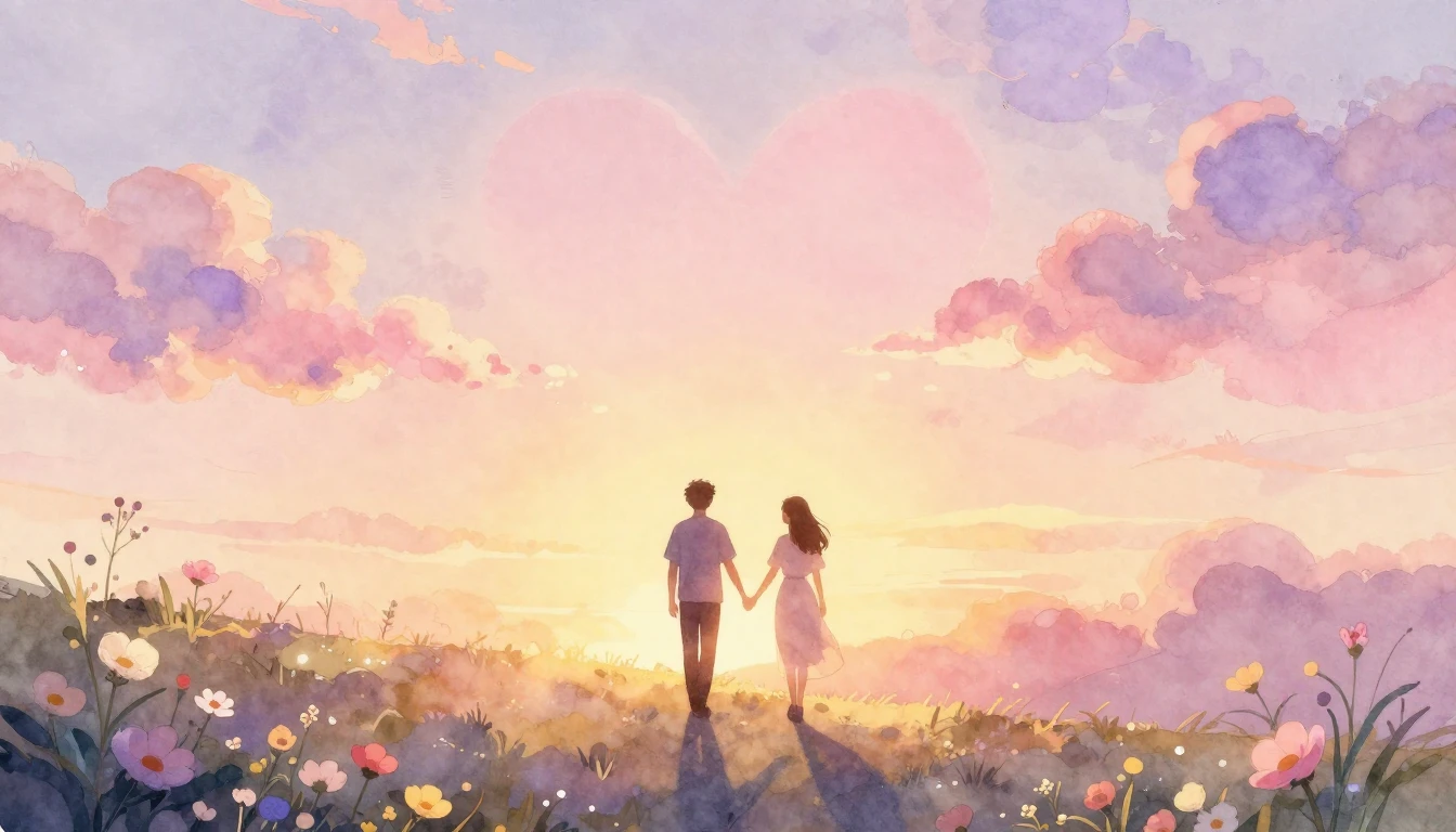 A romantic watercolor illustration featuring two silhouettes...