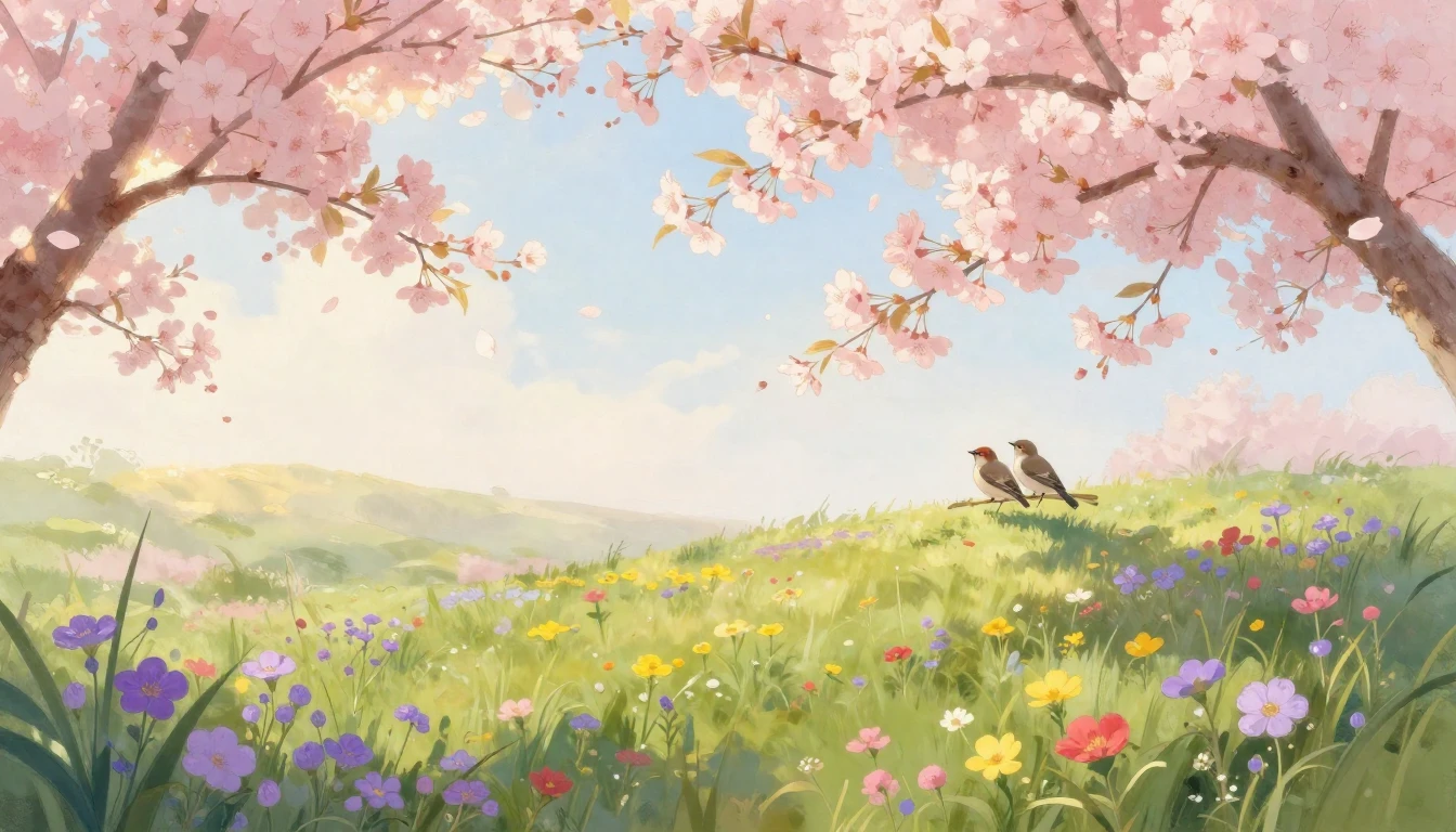 A soft and dreamy spring landscape painted in a delicate art...