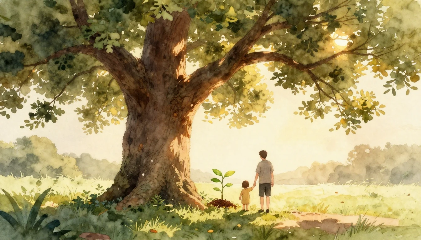 A heartwarming watercolor painting depicting a large, sturdy...