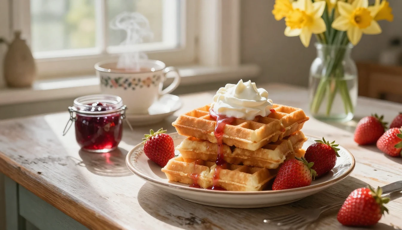 A cozy, sun-drenched kitchen scene depicting a stack of gold...