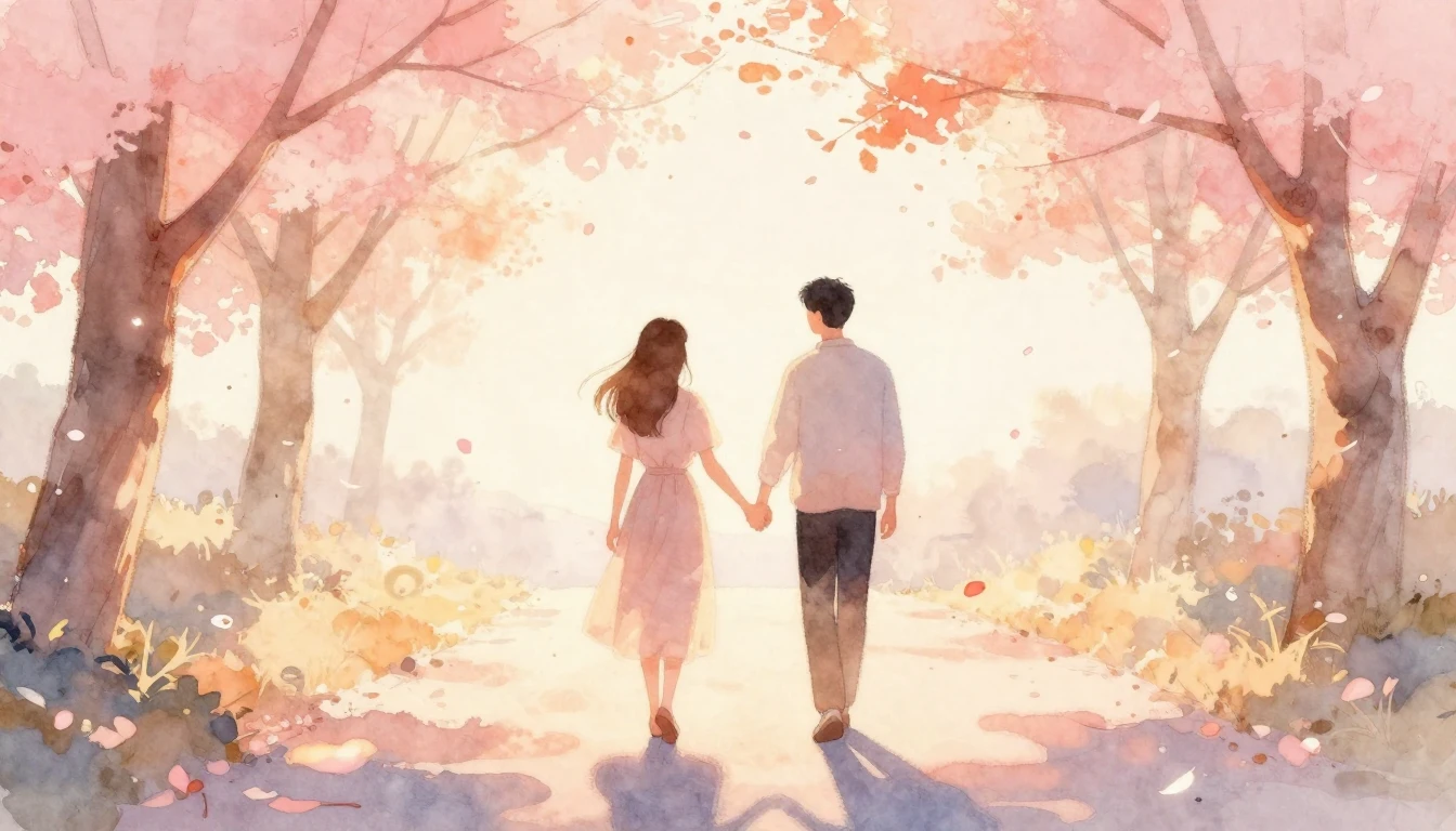 A soft, romantic watercolor painting depicting a couple hold...