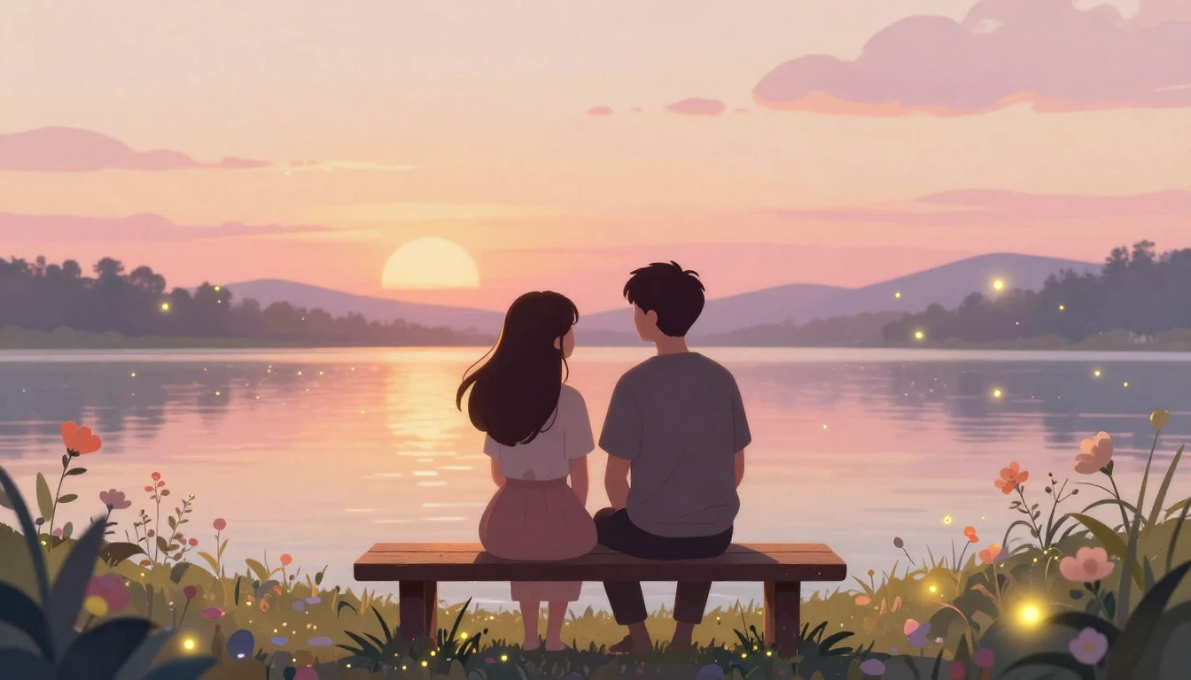 A romantic and cozy scene featuring two stylized silhouettes...