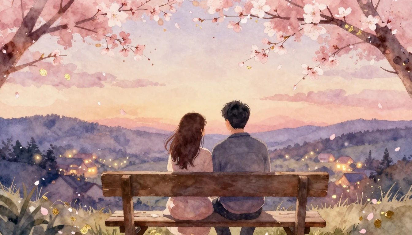 A romantic and cozy watercolor illustration of a couple sitt...