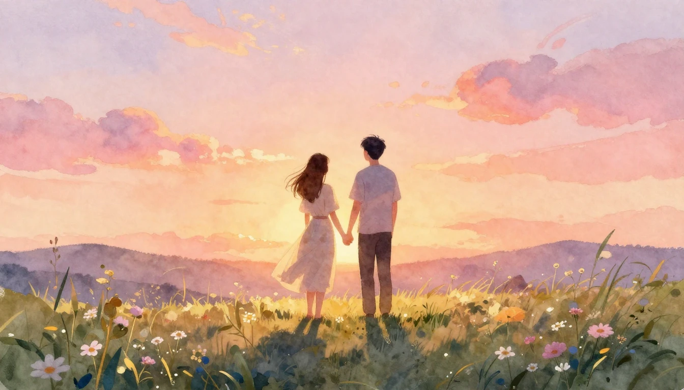 A romantic watercolor illustration of a couple standing on a...