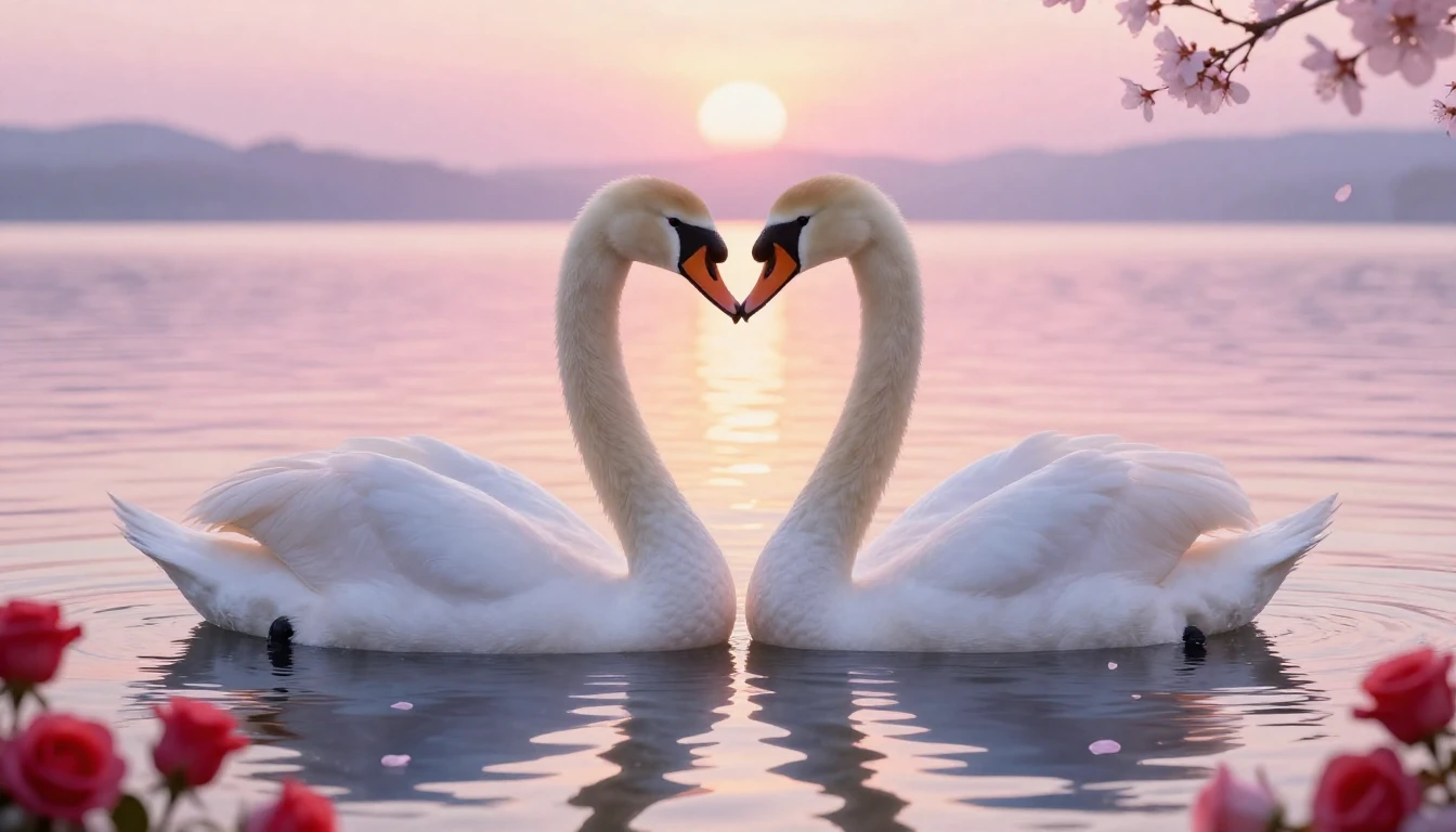 A soft and romantic composition depicting two graceful white...