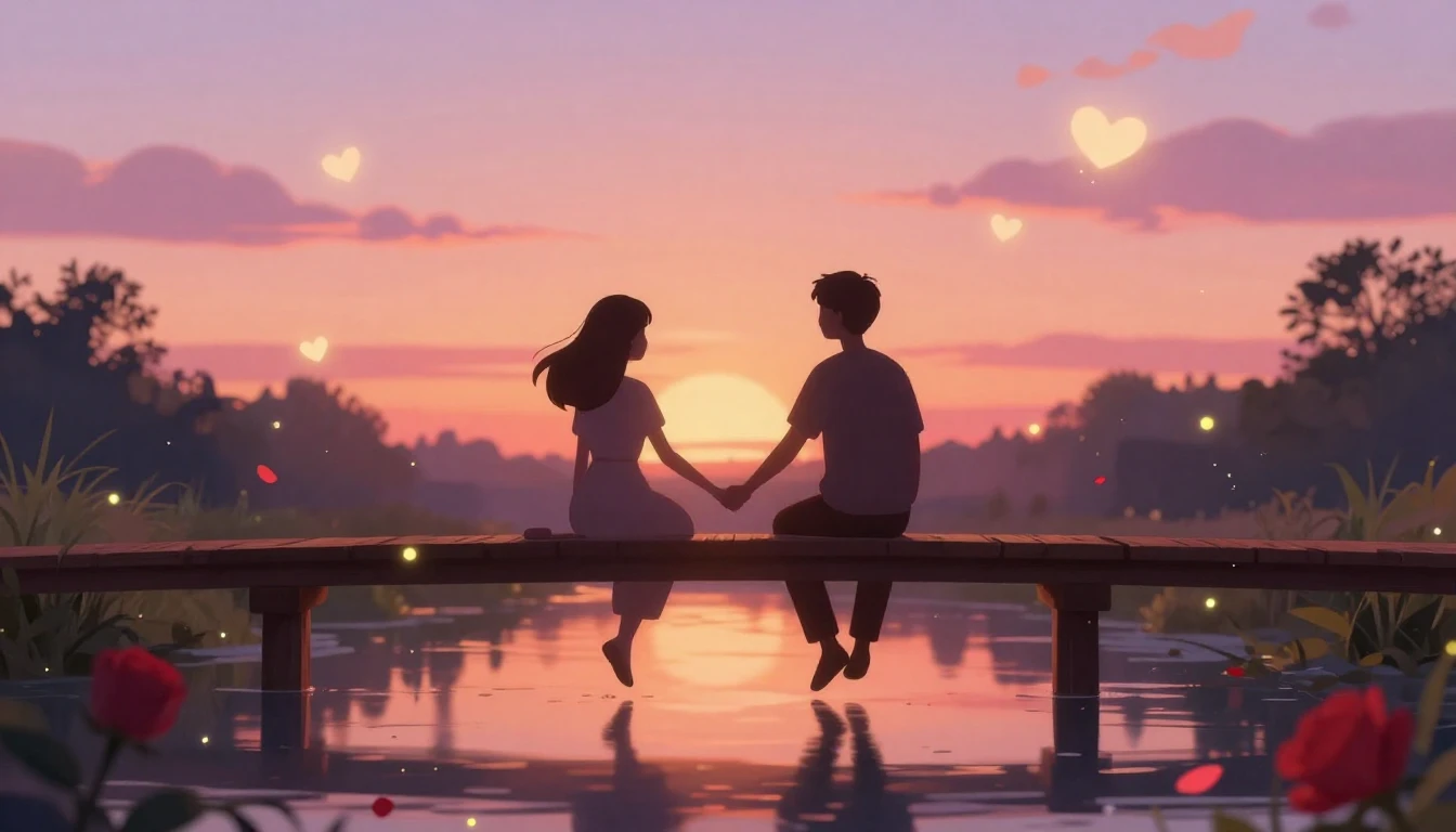 A warm and romantic illustration featuring two stylized silh...