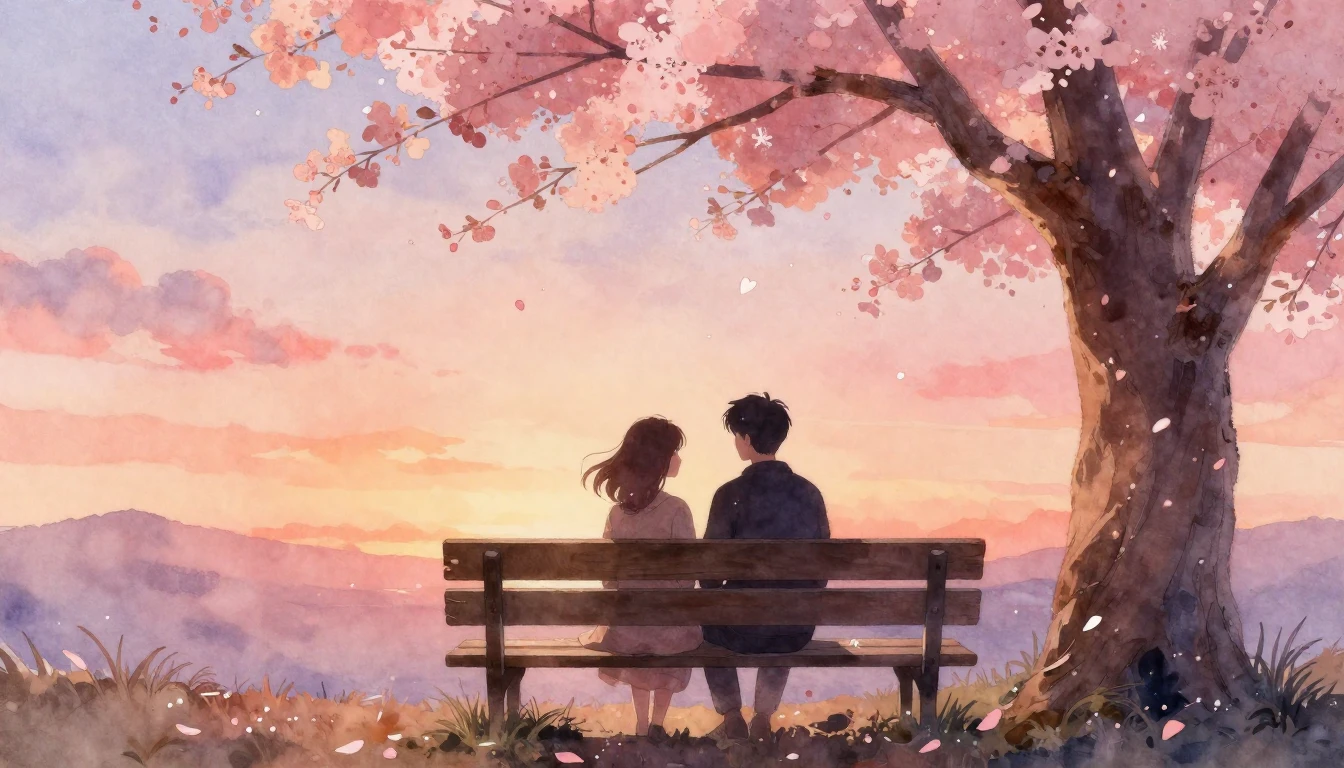 A soft and dreamy watercolor painting depicting two silhouet...