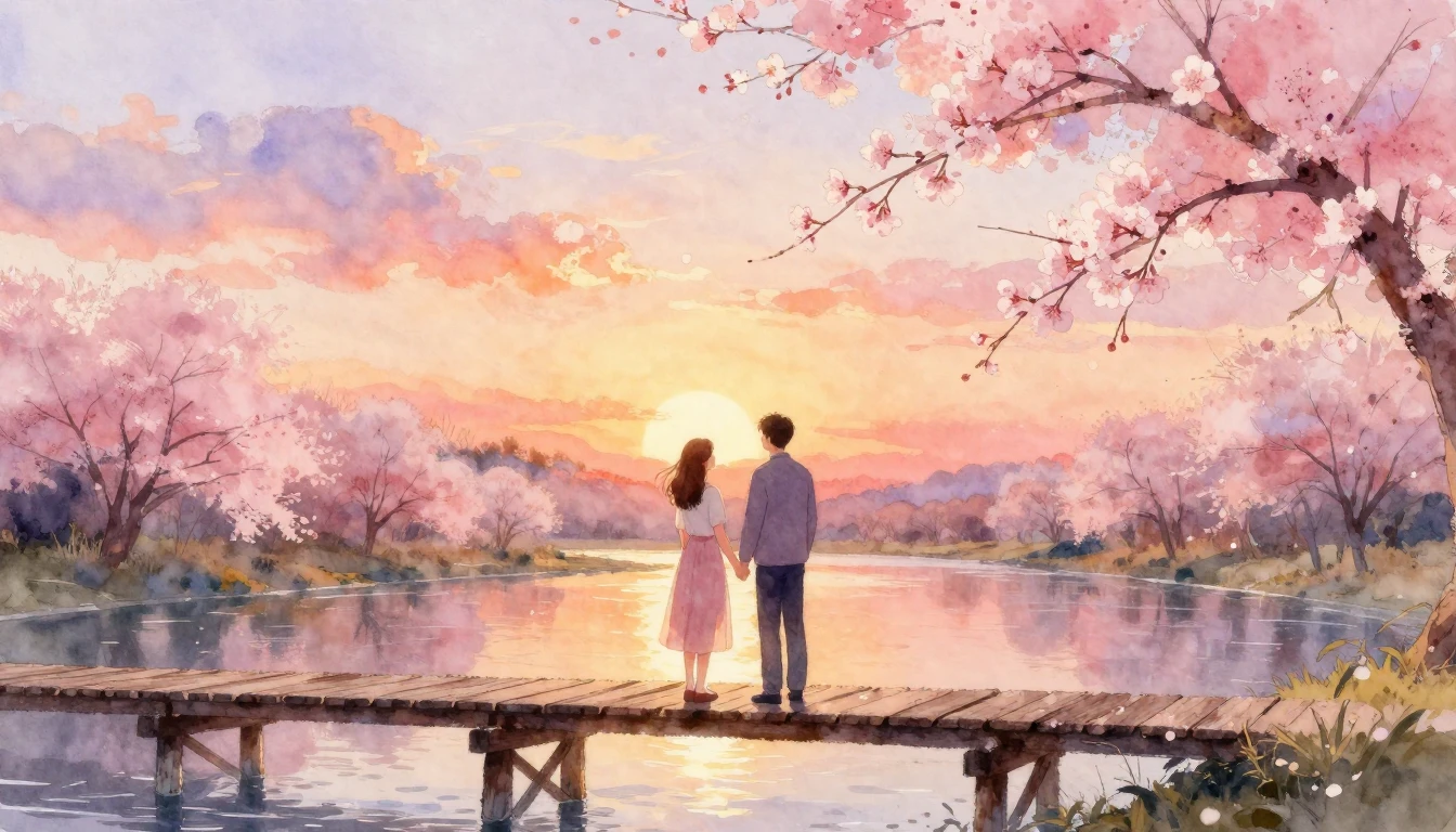 A delicate and romantic watercolor painting depicting a coup...