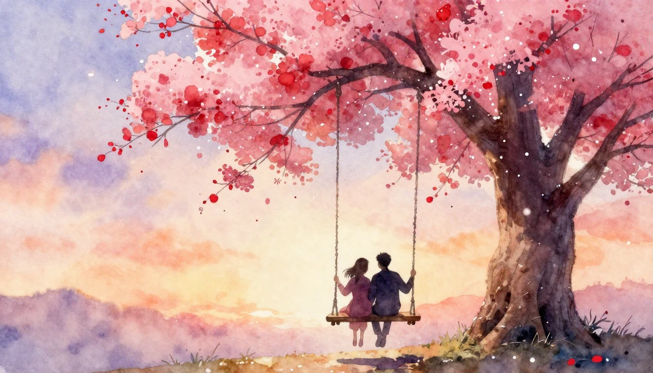 A romantic and dreamy watercolor painting featuring two silh...