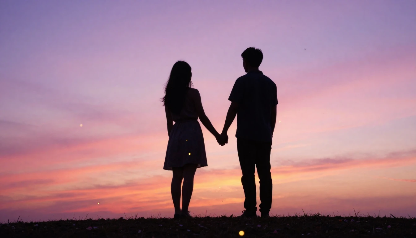 A dreamy and soft romantic scene featuring two silhouettes h...