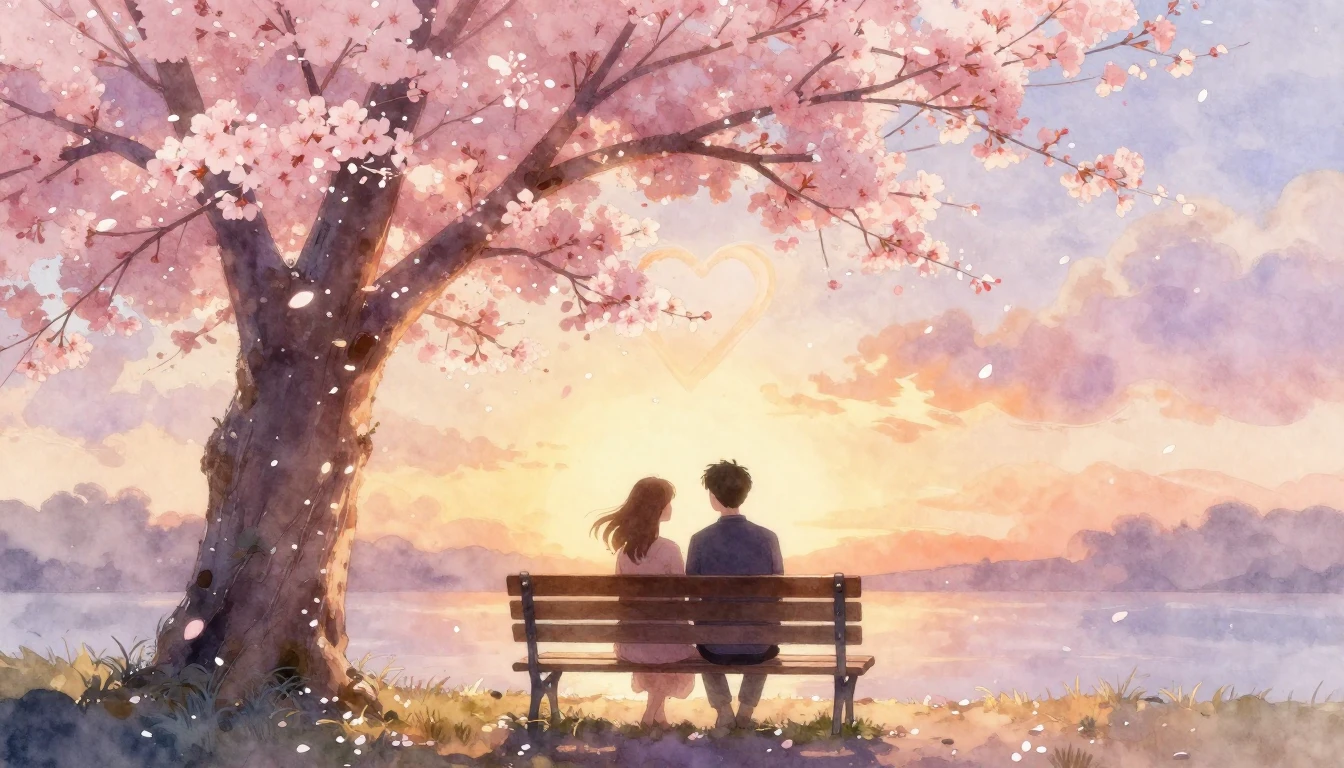 A soft and dreamy watercolor painting depicting a romantic a...