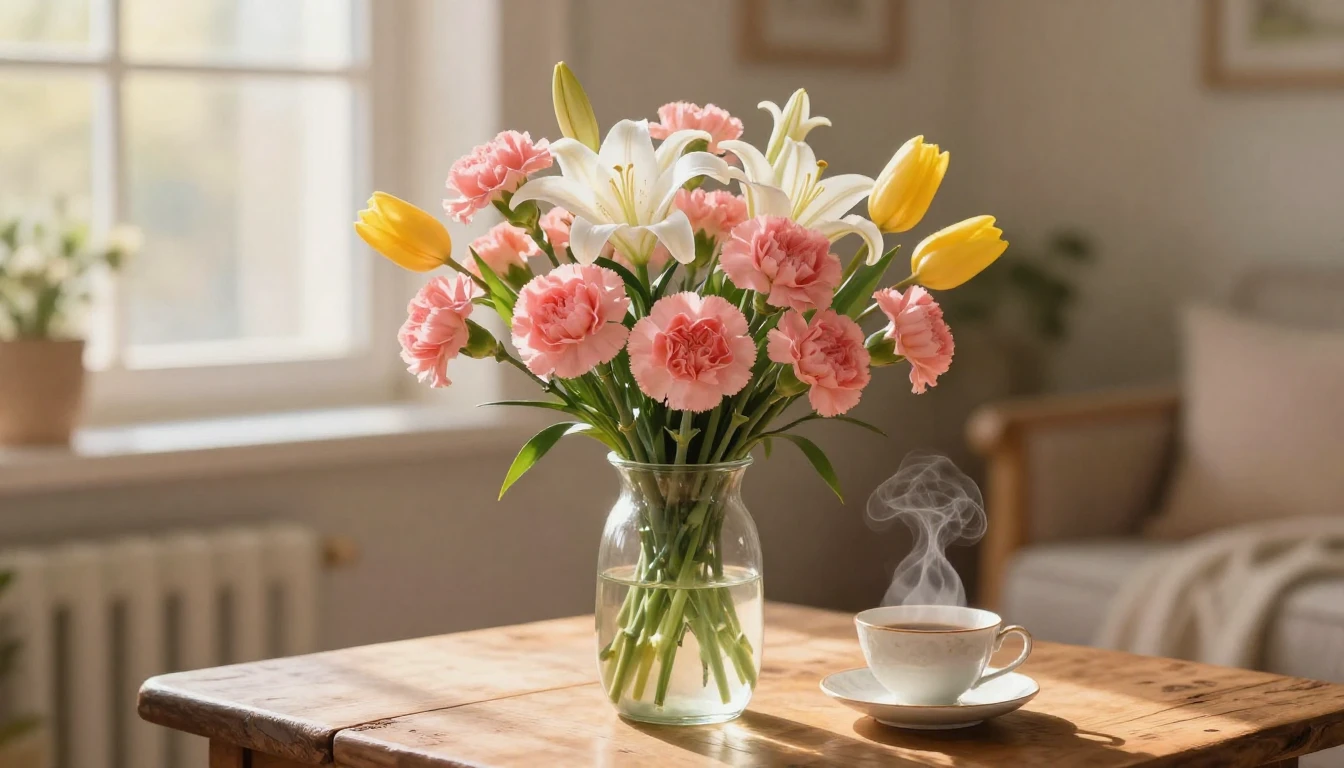 A beautiful and vibrant bouquet of soft pink carnations, whi...
