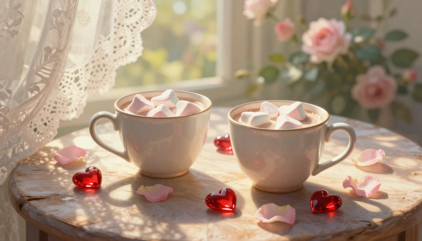 A romantic and dreamy scene featuring two elegant ceramic mu...