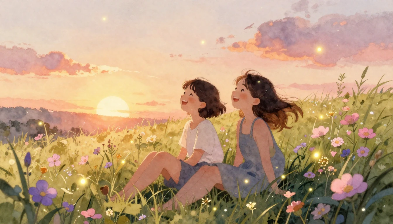 A whimsical watercolor illustration of two best friends sitt...