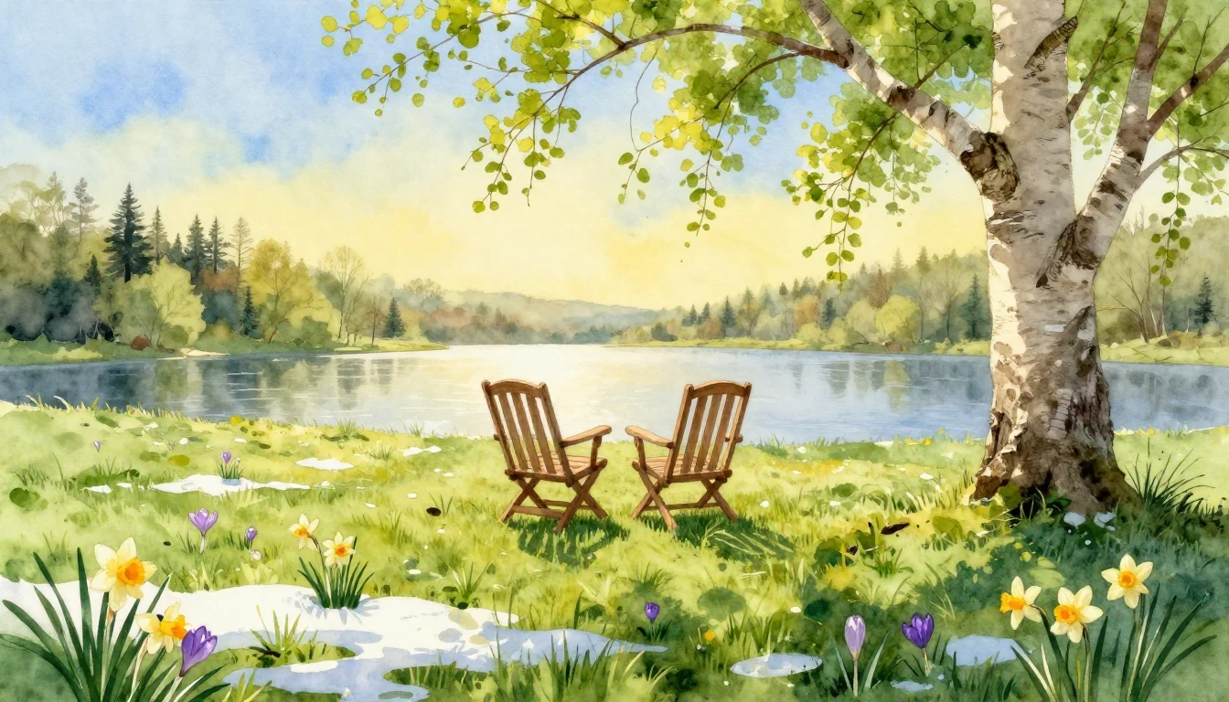 A serene and vibrant watercolor painting of a lush spring me...