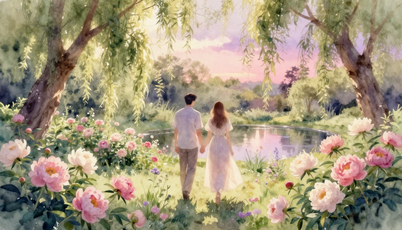A dreamy and romantic watercolor painting of two people walk...