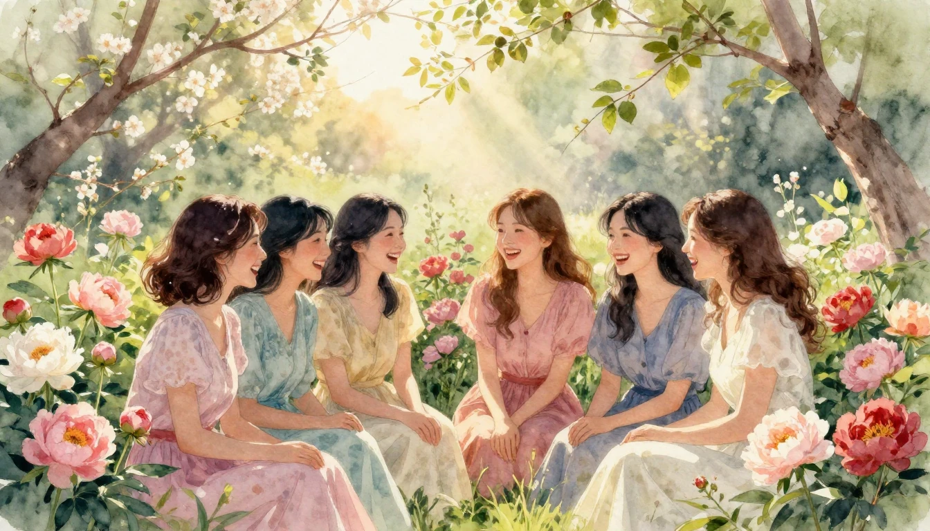 A beautiful watercolor painting of a group of happy young wo...