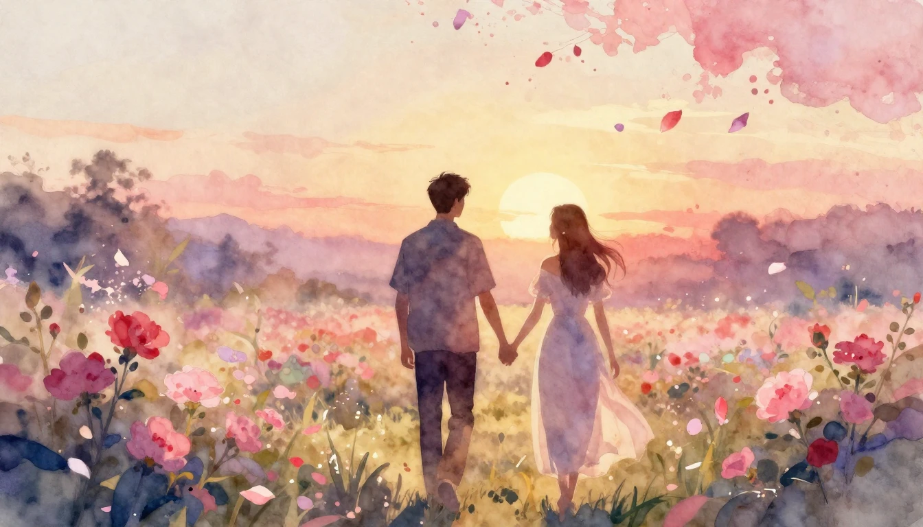 A dreamy and romantic watercolor painting of two silhouettes...