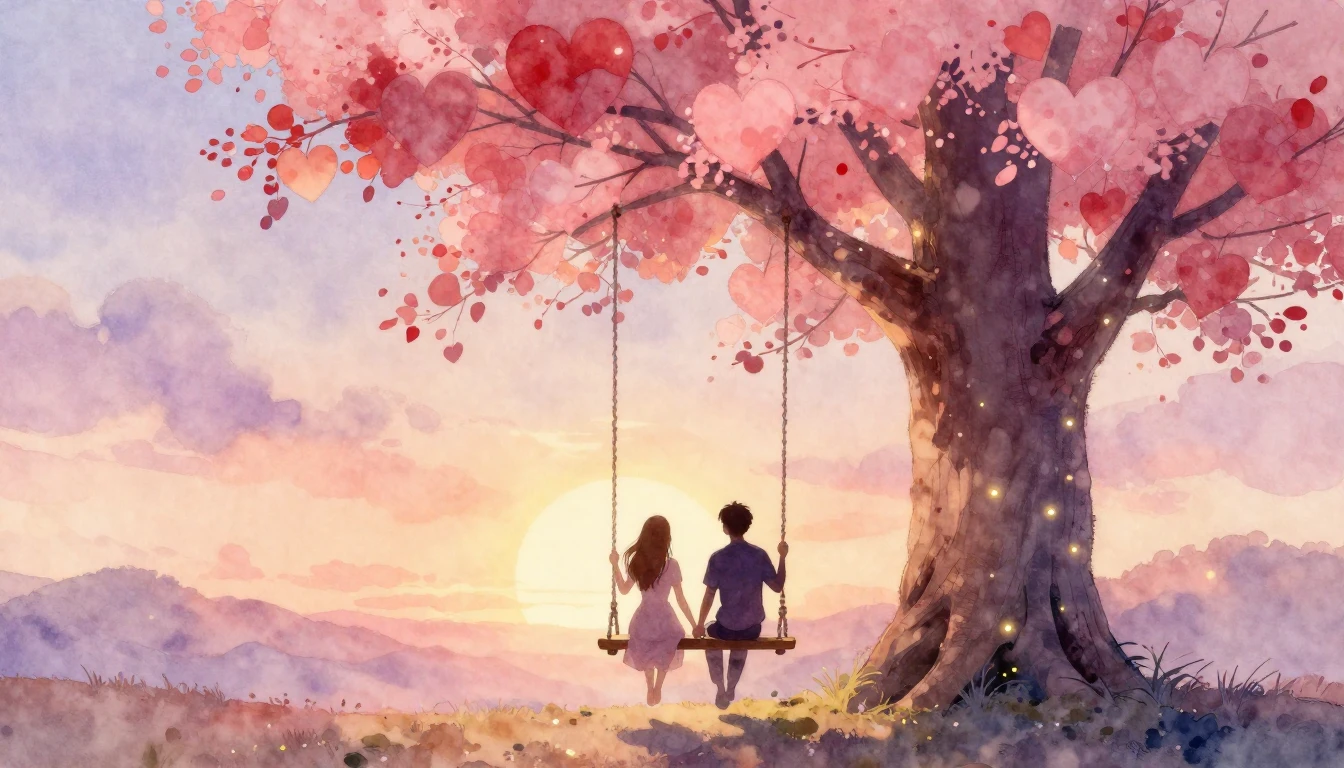 A romantic and dreamy watercolor painting depicting two silh...