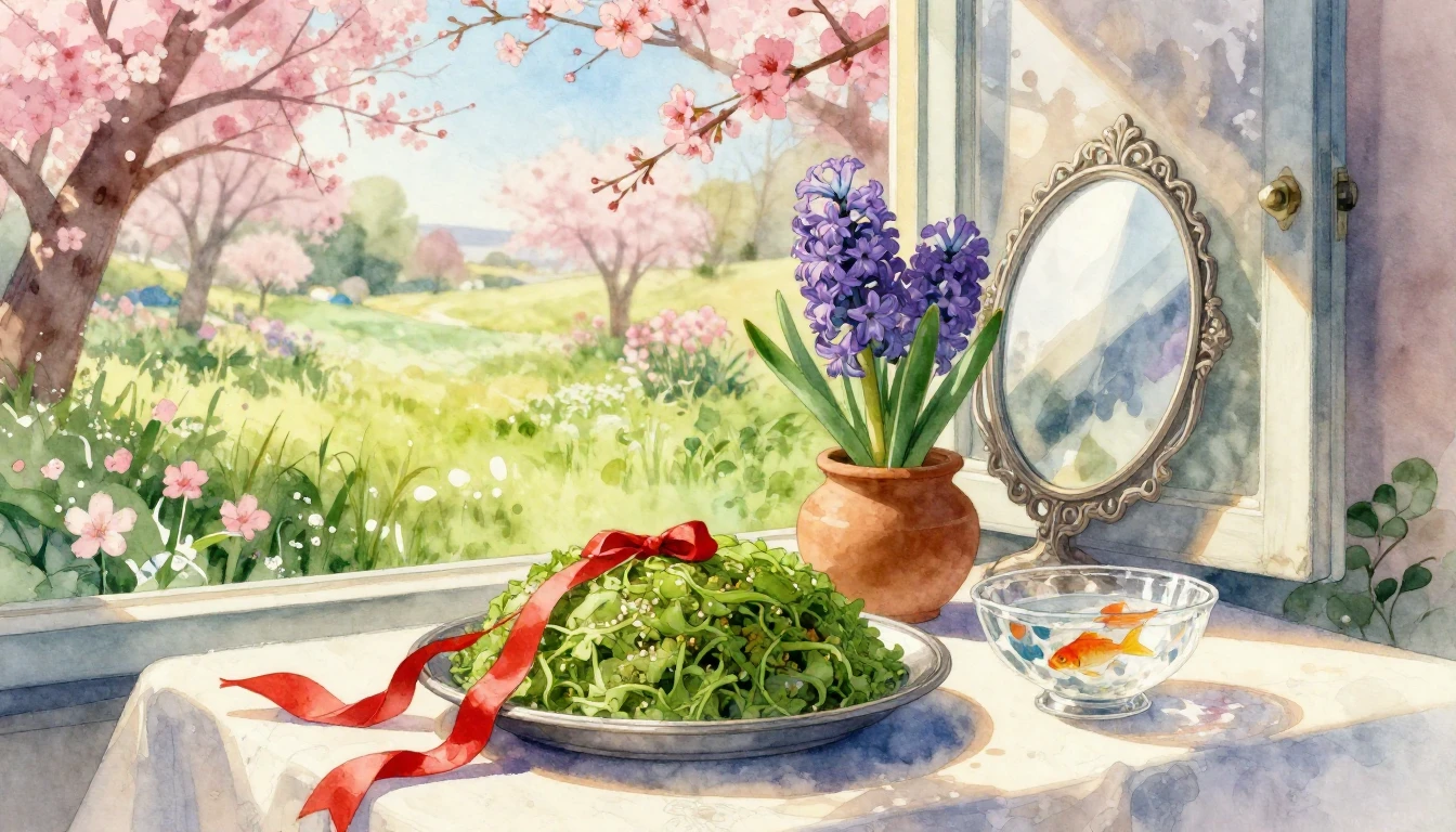 A stunning watercolor illustration of a traditional Haft-sin...