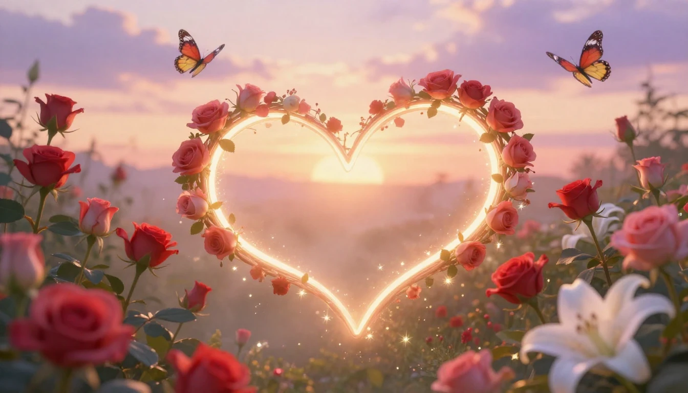 A dreamy and romantic scene featuring two glowing hearts int...