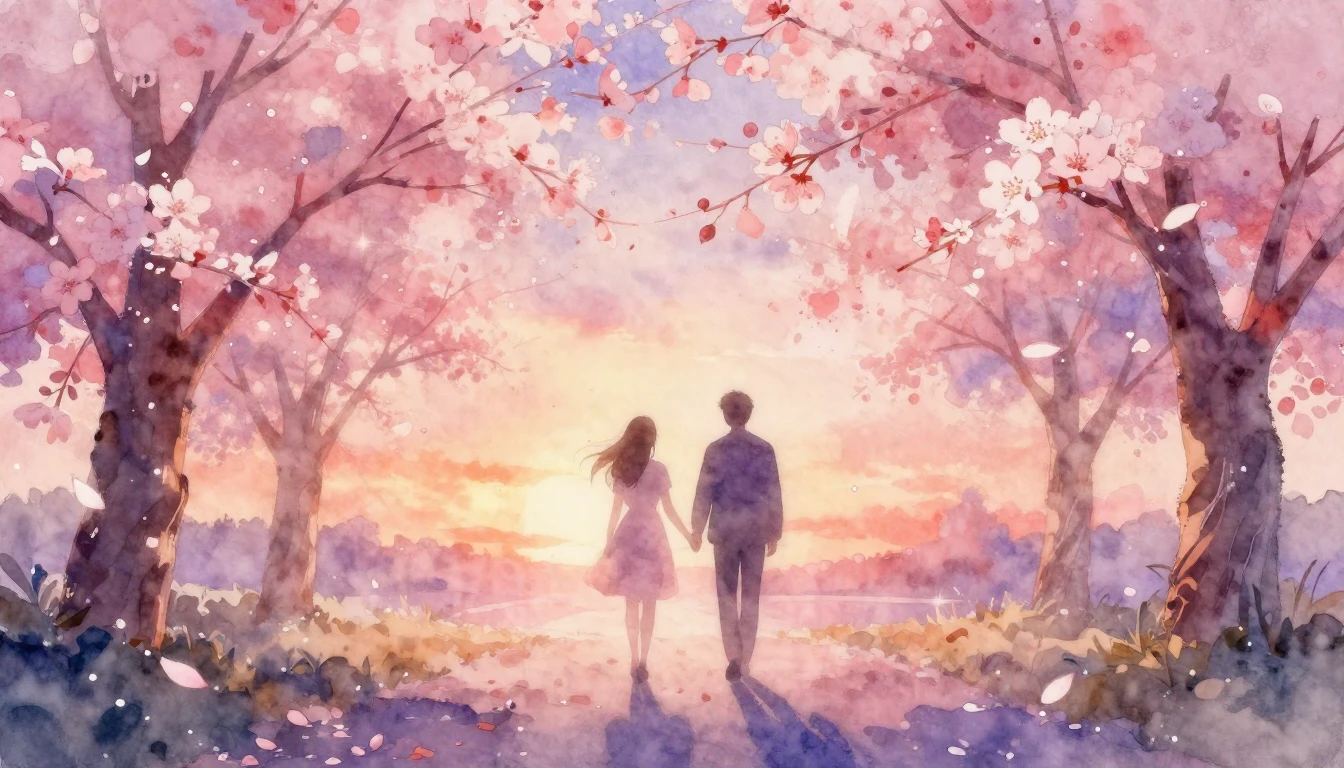 A soft and dreamy watercolor painting depicting a romantic s...