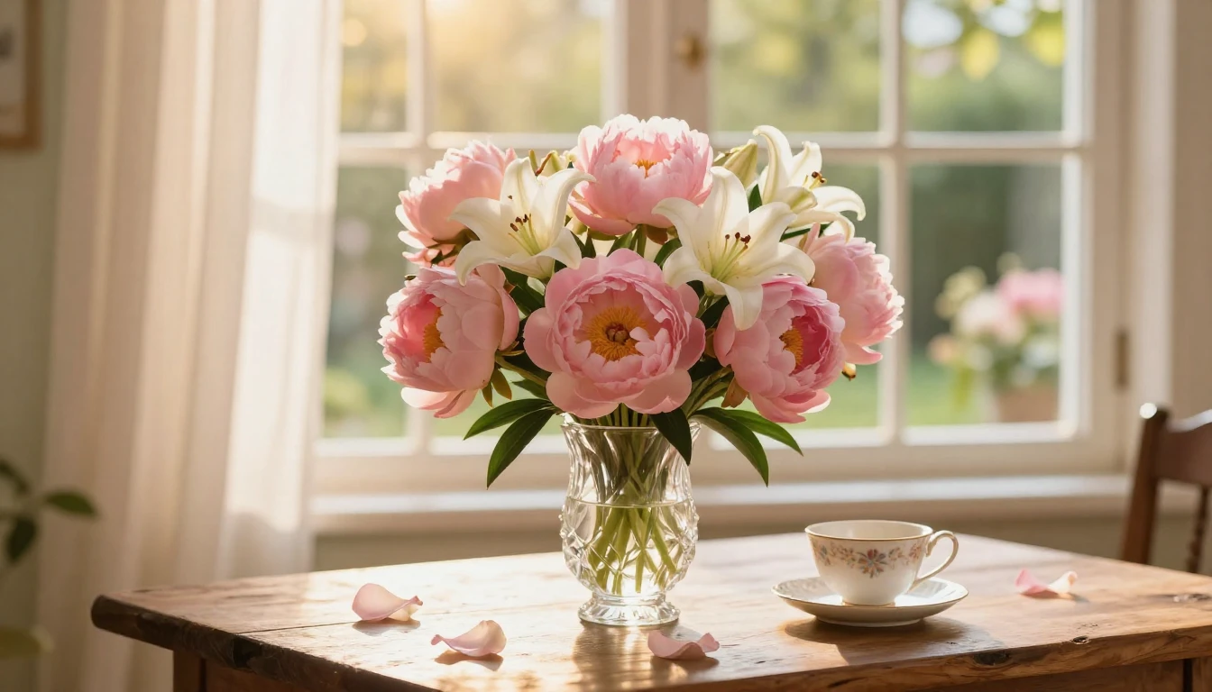 A beautiful and vibrant bouquet of blooming pink peonies and...
