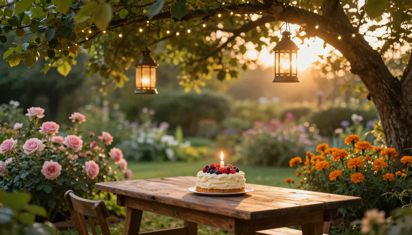 A serene and magical outdoor garden scene during the golden ...