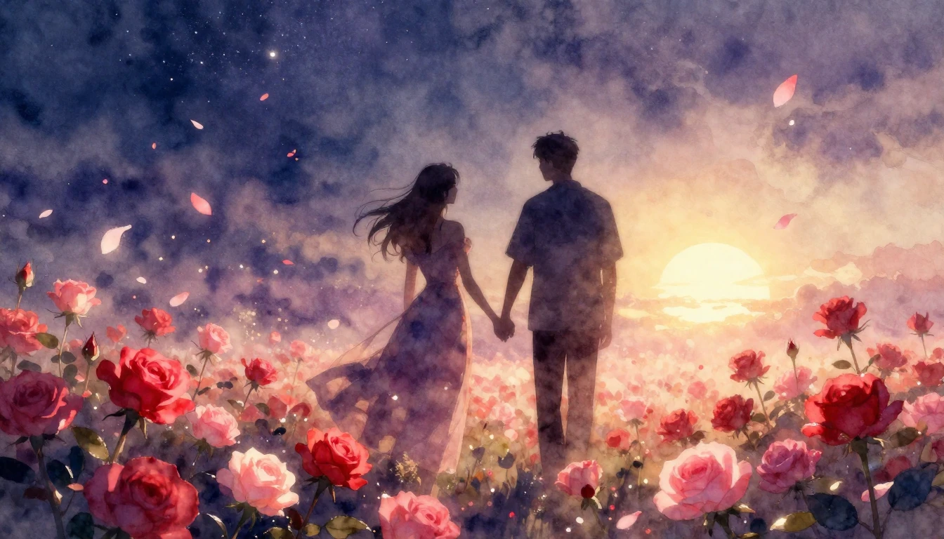 A romantic and dreamlike watercolor painting featuring two s...
