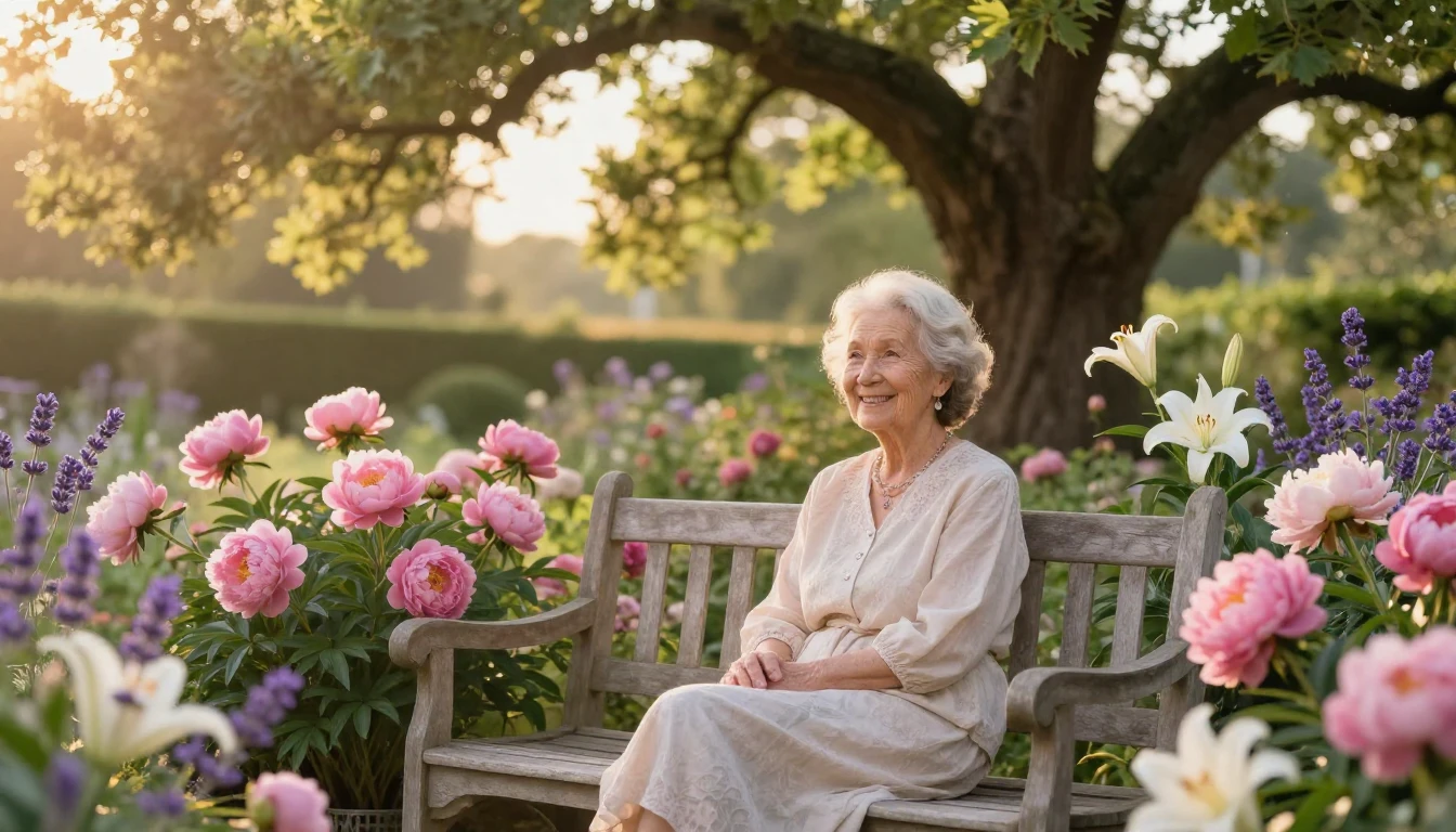 A serene and beautiful garden scene captured at golden hour....