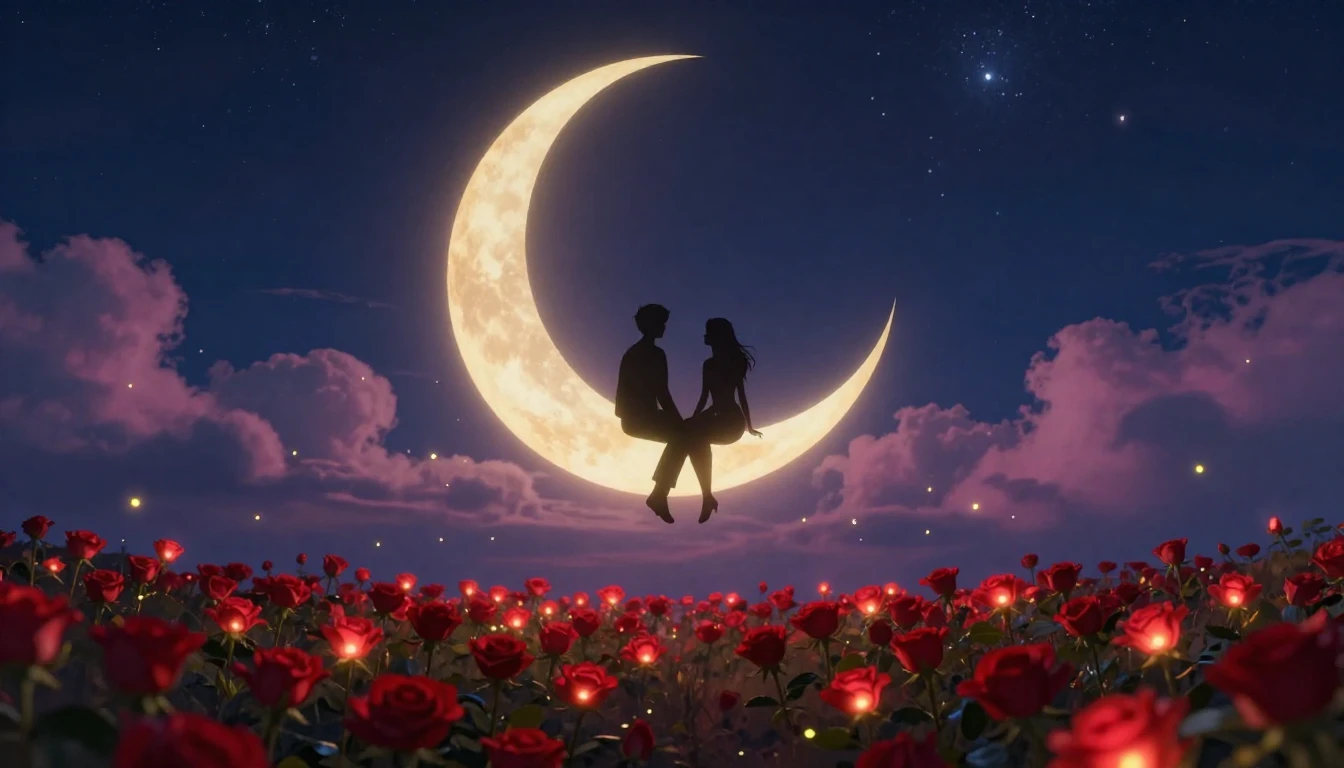 A romantic and dreamy scene featuring two silhouetted figure...