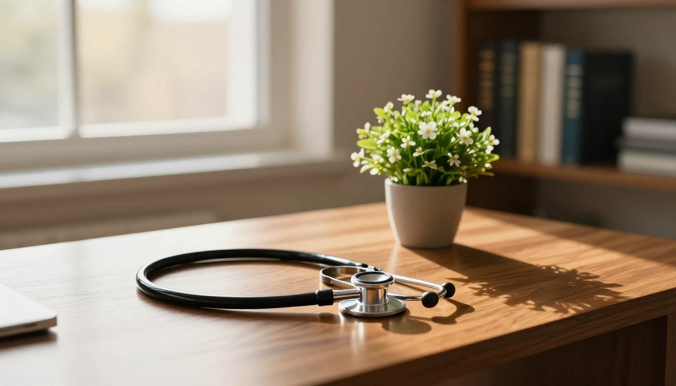 A serene and warm medical office scene. On a polished mahoga...