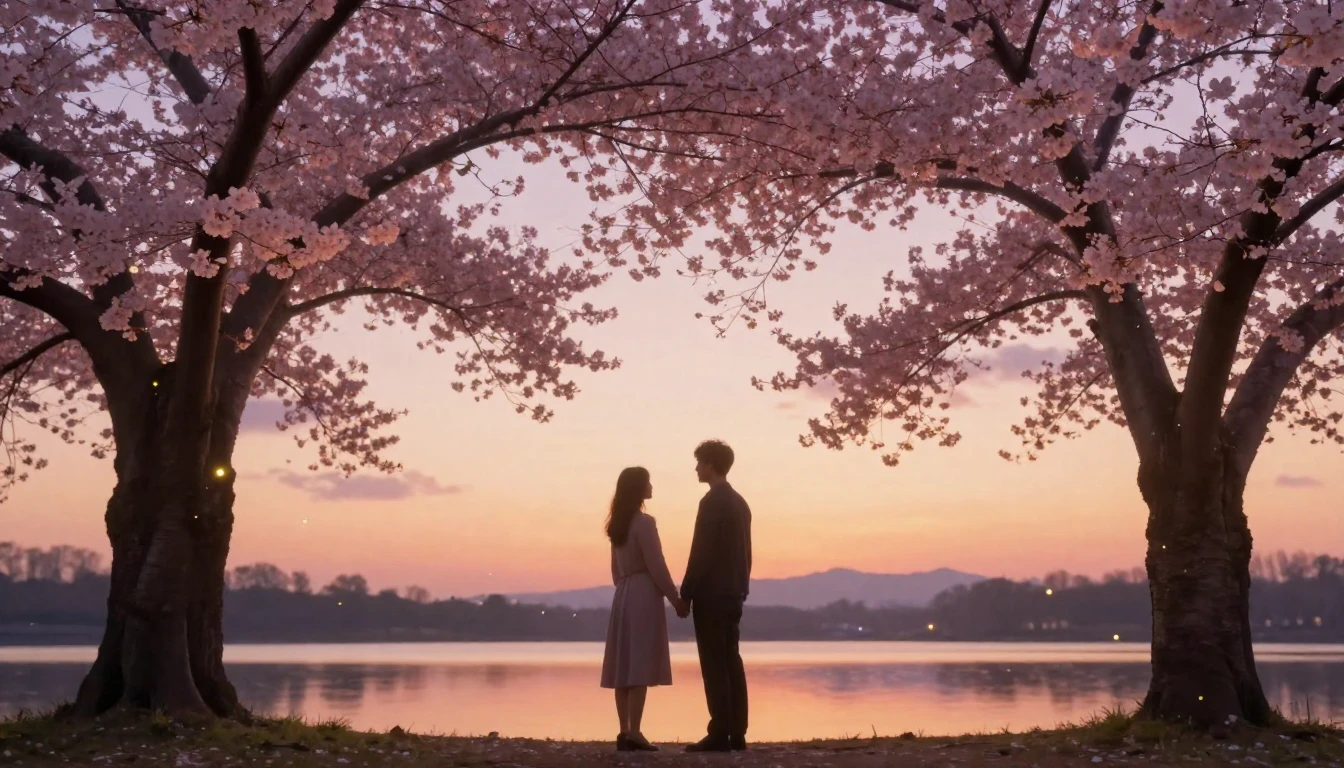 A dreamy and romantic scene featuring two silhouettes of a c...