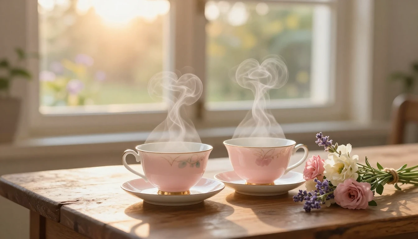 A romantic and cozy scene featuring two delicate porcelain t...