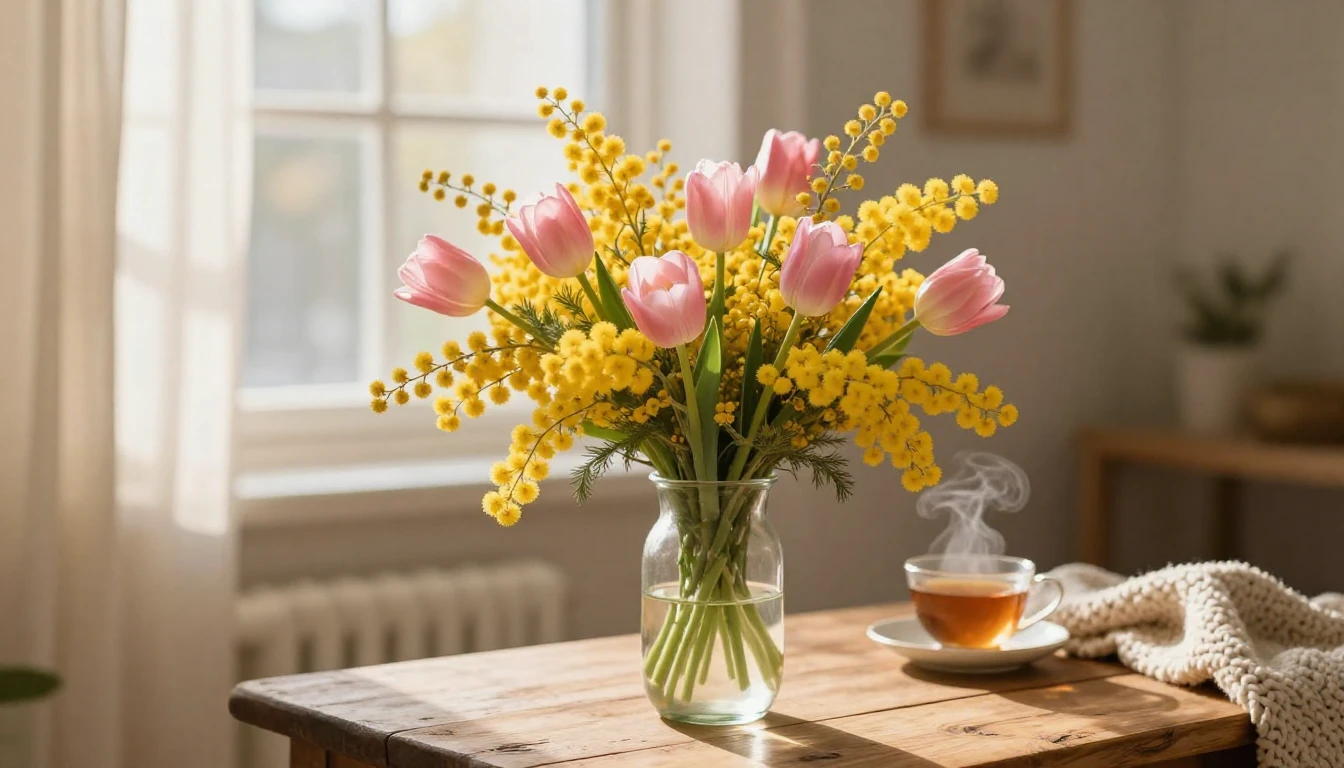 A delicate and vibrant bouquet of bright yellow mimosas and ...