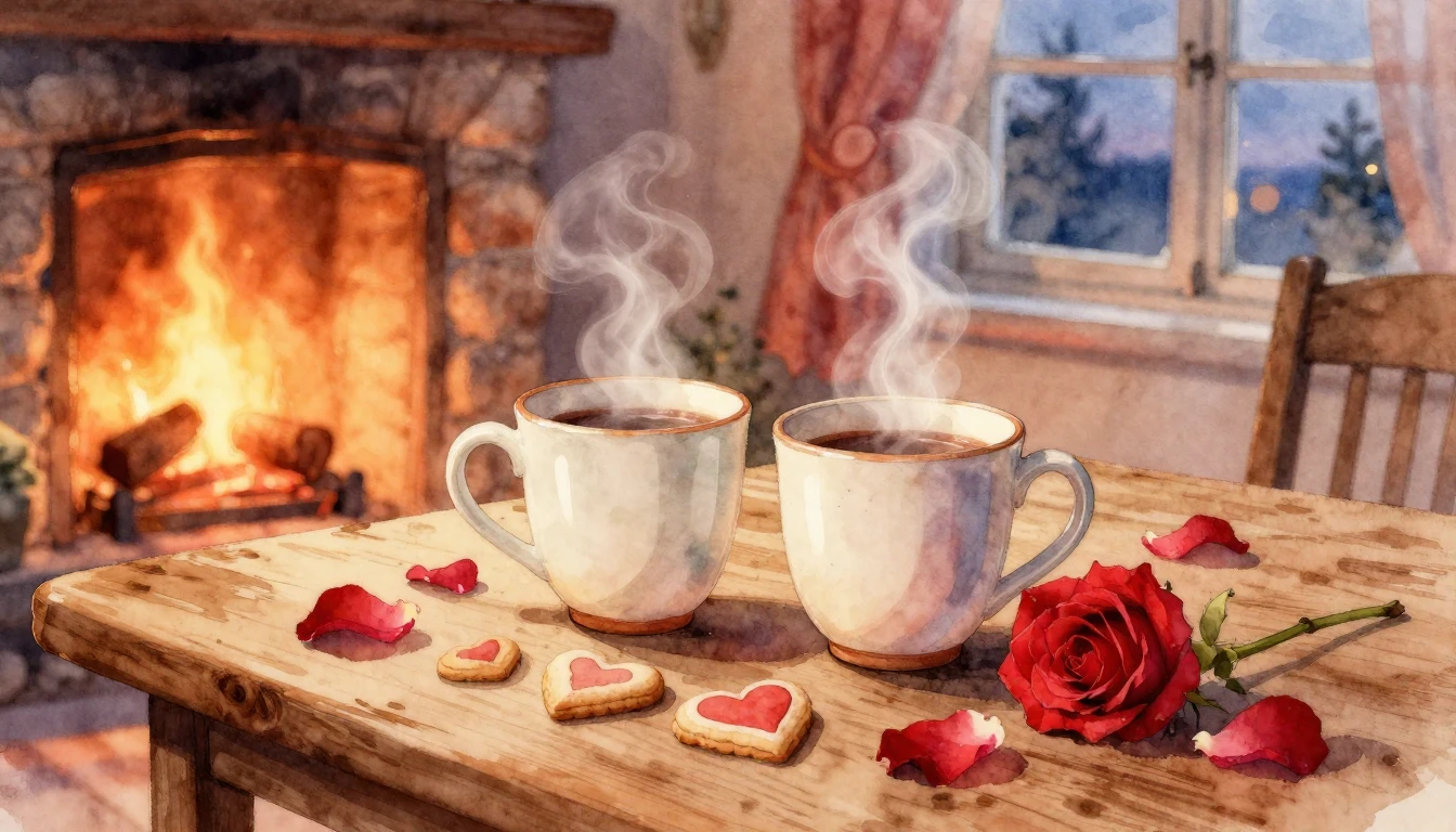 A romantic and cozy watercolor illustration depicting a warm...