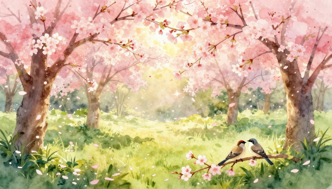 A dreamy, soft watercolor painting of a lush spring garden i...