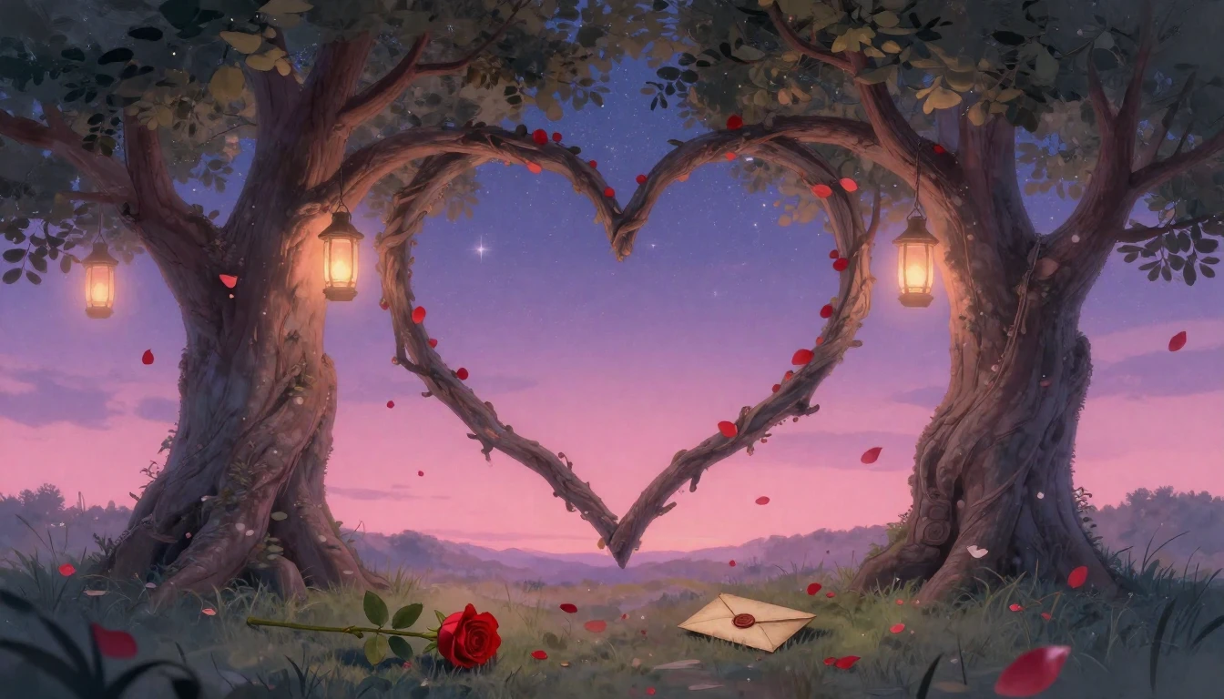 A dreamy and romantic scene featuring two ancient trees with...