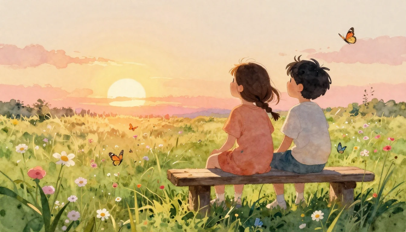 A heartwarming watercolor painting of two best friends sitti...