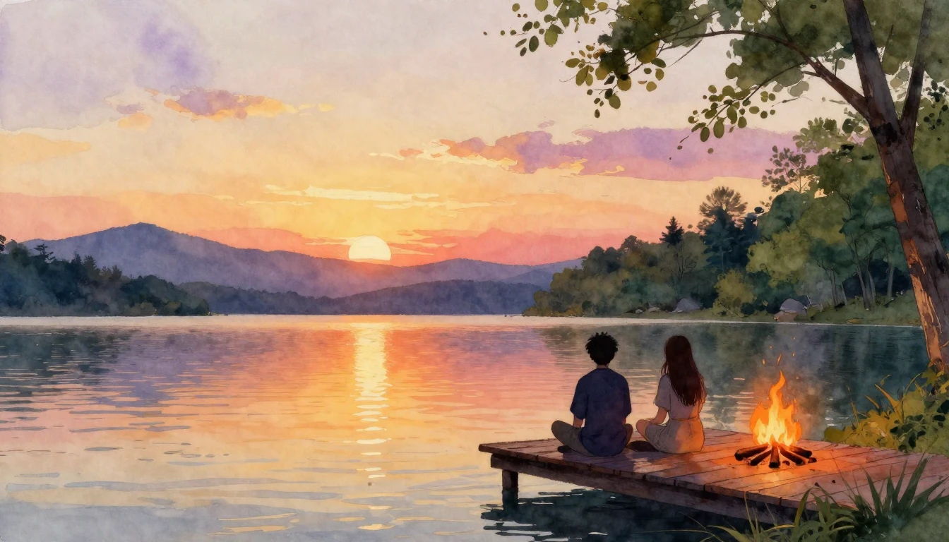 A warm and inviting watercolor painting of two silhouettes o...