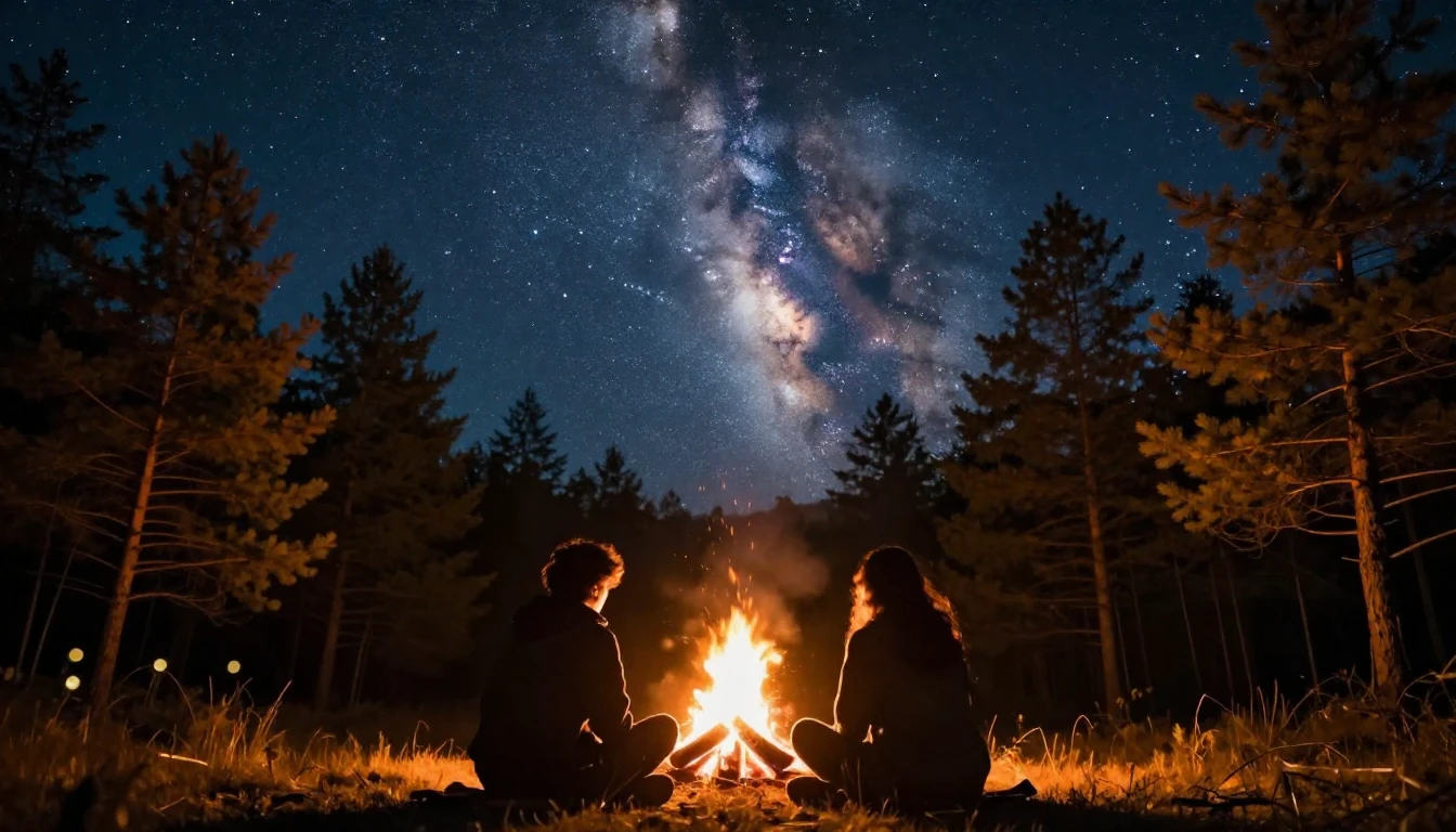 A warm and cinematic scene of two silhouetted figures sittin...