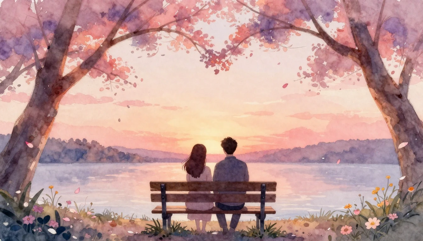 A soft and romantic watercolor painting depicting two silhou...