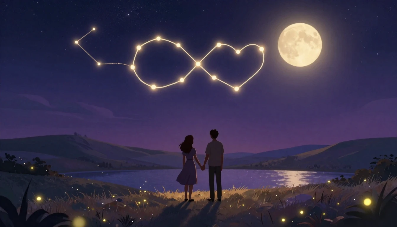 A romantic, soft illustration depicting two silhouettes of a...