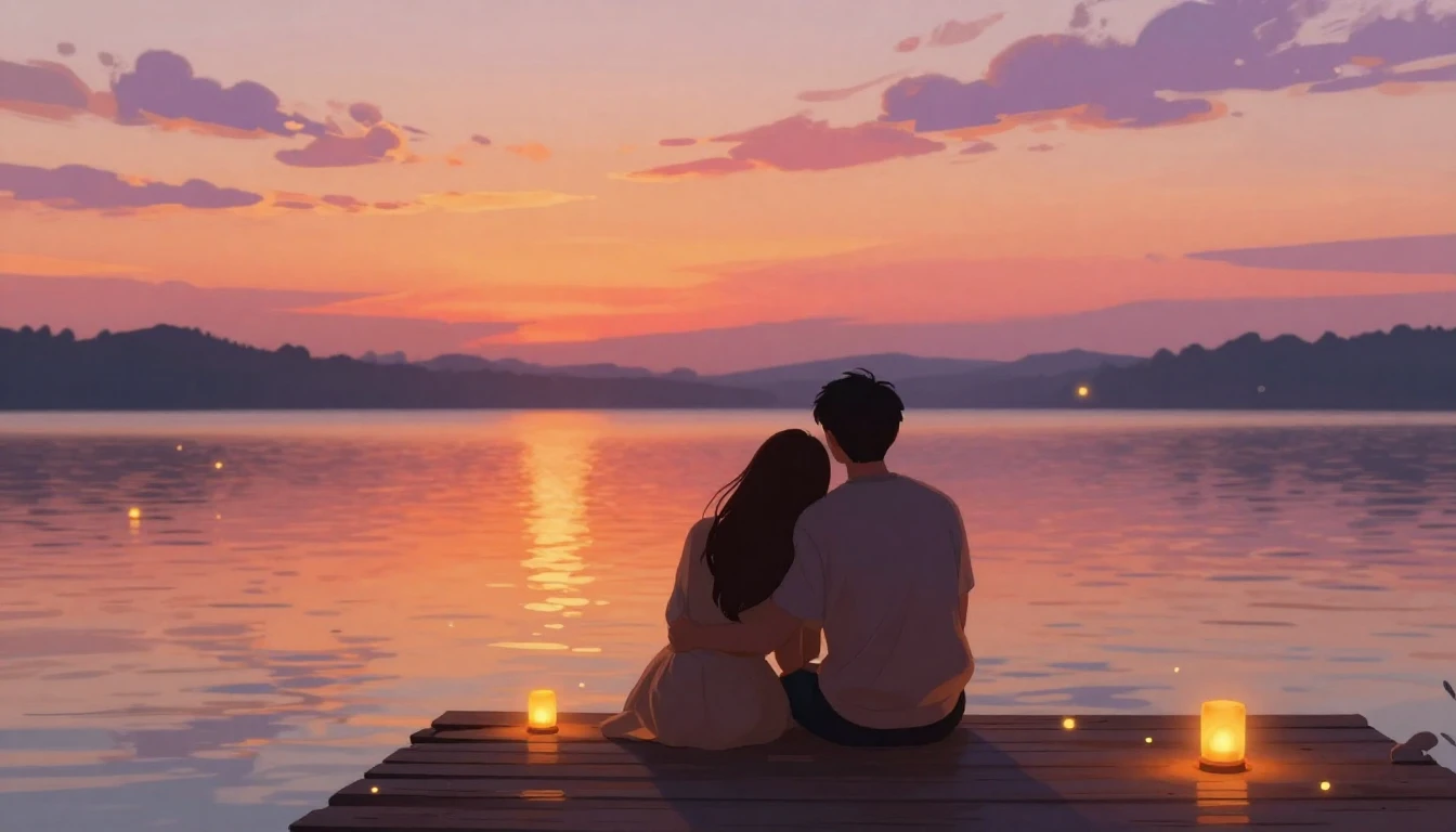 A romantic and cozy digital art illustration of a couple sit...