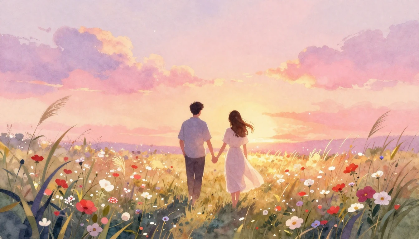 A romantic and ethereal watercolor illustration of a couple ...