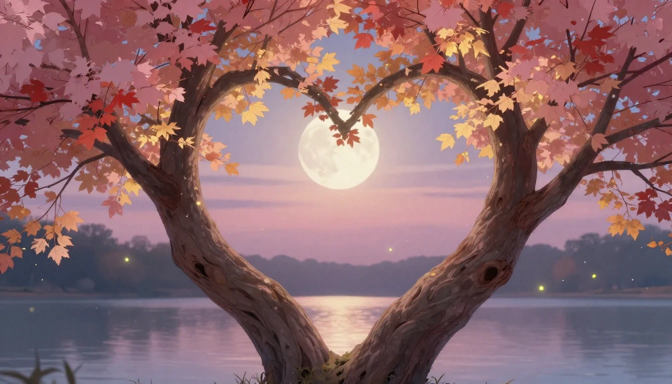 A romantic and dreamy scene featuring two intertwined trees ...