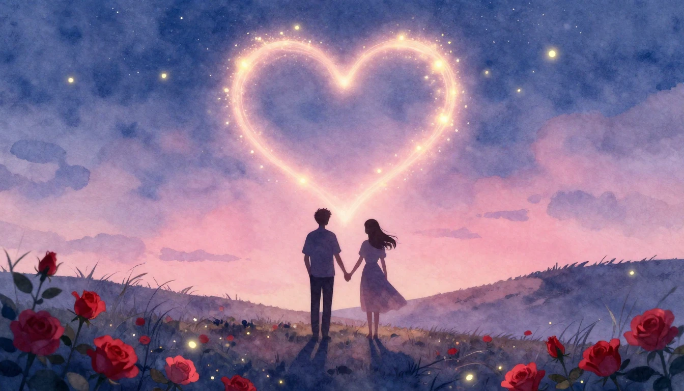 A warm and romantic watercolor illustration depicting two si...