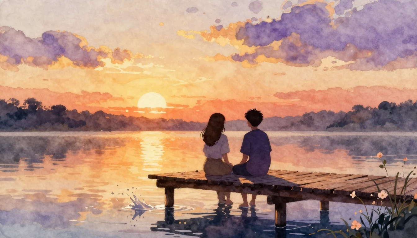 A warm and cozy watercolor illustration depicting two silhou...